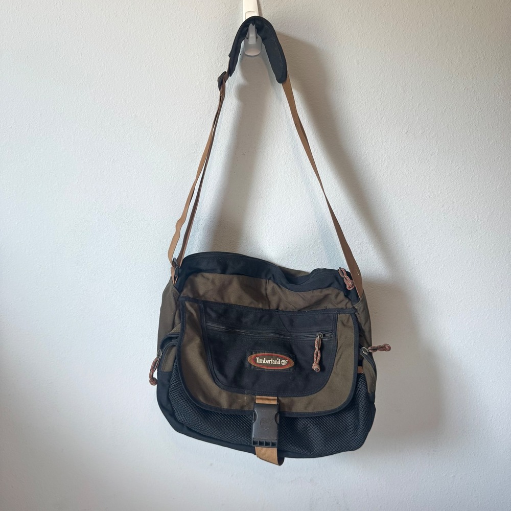 Timberland Mens Olive Green Black Canvas Utility Messenger Bag OS
